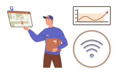 Bir paket taşıyan kurye, büyüme grafiği ve kablosuz sinyal ikonu ile çevrili dijital bir haritaya işaret ediyor. Teslimat, lojistik, teknoloji, izleme, ağ, veri bağlantısı için ideal basit