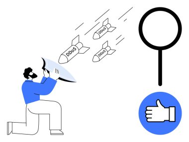 DDOS füzelerini engelleyen bir kalkan, analizi sembolize eden büyüteç, güvenlik onayı için onay. Siber güvenlik, koruma, risk yönetimi, tehdit tespiti ve bilişim için ideal