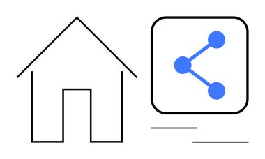 Minimalist ev ana hatları, ev, bağlantı ve paylaşımı sembolize eden mavi bir ağ ikonu ile eşleştirilmiştir. Teknoloji, iletişim, asgari tasarım, akıllı aygıtlar, ağ, ev için ideal