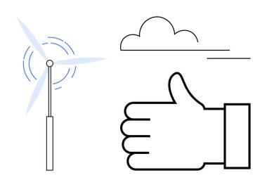 Rüzgar türbini dönüşleri, baş parmak işareti ve bulut çizimi temiz enerji, sürdürülebilirlik ve çevre dostu uygulamaları temsil ediyor. Enerji, çevre, teknoloji ve yenilik için ideal yeşil