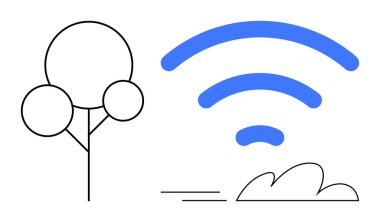 Minimalist ağaç ve bulut kalın kablosuz sinyal çubuklarının yanında, çevre dostu teknolojiyi akla getiriyor. Sürdürülebilirlik için ideal, yeşil enerji, yenilik, bağlantı, çevre, uyum, modern