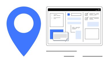 Görev listeleri, yorumlar ve düzenlenebilir bölümlerin yer aldığı bir arayüz panelinin yanında mavi konum iğnesi. Navigasyon, teknoloji, uzaktan çalışma, iş akışı, işbirliği, üretkenlik görevi için ideal