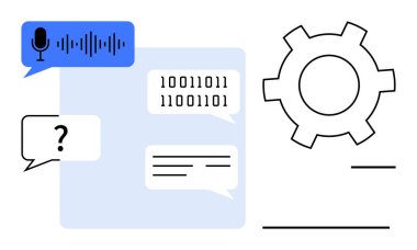 Mikrofon simgeleri, ikili ve yazılı konuşma baloncukları ve yapay zekayı, otomasyonu veya makine öğrenmesini sembolize eden bir dişli. Yapay zeka, otomasyon, programlama, teknoloji kodlama makinesi öğrenmek için idealdir.