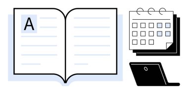 Görünür metin satırları olan açık bir kitap, işaretli tarihli takvim ve bir dizüstü bilgisayar. Eğitim, zaman yönetimi, verimlilik, dijital öğrenme, organizasyon planlaması ve bilgi paylaşımı için idealdir. A