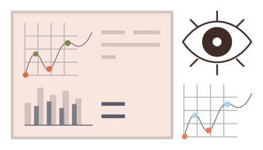 Çubuk grafik, noktalı çizelgeler, veri içgörüleri ve izleme için analitik göz konsepti. Analiz, iş stratejisi, finans, araştırma, veri bilimi teknolojisi için ideal basit düz metafor
