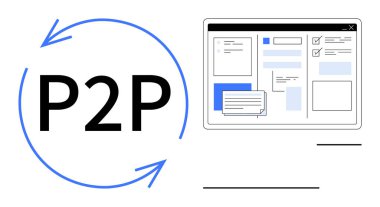 Oklar içindeki P2P, düzenli içerik bölümleriyle bir web sayfası arayüzüne bağlı sürekli akış olduğunu gösteriyor. Teknoloji, iletişim, takım çalışması, iş akışı, ağ oluşturma ve dijital için ideal
