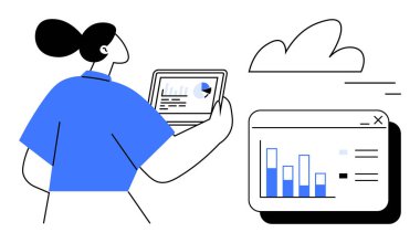 Yanında bilgisayar ekranında bir çubuk grafikle tablet taşıyan bir kadın. İş stratejisi, analitik, teknoloji, takım çalışması, bulut hesaplama, veri görselleştirme, basit