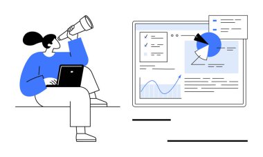 Dizüstü bilgisayarlı bir kadın teleskopla analitik gösterge paneline doğru bakıyor. Grafikler, pasta grafikleri ve notlar dahil. Analiz, araştırma, yenilik, iş akışı iş büyümesi için ideal
