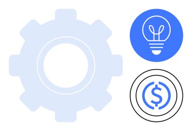 Mavi ampullü büyük teçhizat ve farklı dairesel simgelerde siyah dolar işareti. Yenilik için ideal, iş süreci, teknoloji, yaratıcılık, verimlilik, ekonomi, basit iniş sayfası