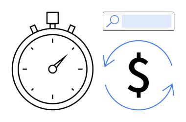 Tıklayan elli kronometre, dairesel oklu dolar simgesi ve üretkenliği, maliyet etkinliğini, zaman yönetimini temsil eden arama çubuğu. Finans, iş, verimlilik ve arama optimizasyonu için ideal
