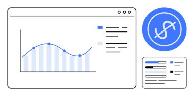 Moda çizelgesi, bar tablosu, dolar işareti ve performans ölçümleri olan mali grafik. Finans, veri analizi, iş planlaması, ekonomi istatistikleri yatırımları ve piyasa araştırmaları için ideal. Basit düz