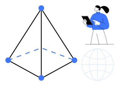 Üç boyutlu bir kablo yapısı ve dünya tasarımı yanında tableti inceleyen bir kadın. Geometri, teknoloji, eğitim, yenilik, küresel bağlantı, analitik, basit iniş sayfası için ideal