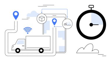 GPS takip ve kablosuz sinyalli kamyon rotası, akıllı telefon ile yüklenmiş teslimat verileri, kronometre zamanlaması. Lojistik, dağıtım, zaman yönetimi, verimlilik, GPS, arz için ideal
