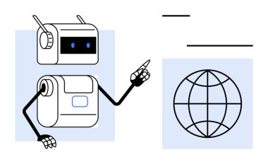 Antenli insansı robot bir küreyi işaret ediyor ve iletişim kuruyor. Teknoloji, eğitim, yenilik, yapay zeka, küresel bağlantı, iletişim, basit daire