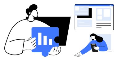 Yapboz parçasındaki verileri analiz eden ekip büyümeyi referans alıyor. Tarayıcı elemanları olan şebeke düzeni, tablet tutan kişi. Takım çalışması, analitik, geliştirme, strateji, yönetim için ideal