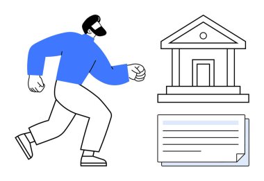 Bir banka binasına doğru ilerleyen bir adam, bir belgenin yanında. Finans, ekonomi, bankacılık, krediler, tasarruflar, ilerleme işleri için idealdir. Basit bir düz metafor.