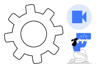 Ayarlar için dişli simgesi, geliştirici kodlaması, ortam araçları için video simgesi. Teknoloji, geliştirme, takım çalışması, yaratıcı süreç, video üretimi, işlemler için ideal