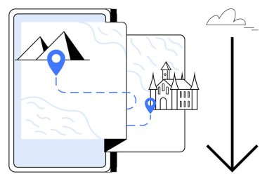 Haritalı tablet ekran, bir yol işareti kullanarak dağlardan kaleye bir yolculuğu vurguluyor. Seyahat, turizm, seyrüsefer, keşif, seyahat planı, hikaye anlatma, basit bir daire.
