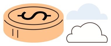 Bulutların yanında bir dolar işareti, dijital para, finans, bulut hesaplama, çevrimiçi işlemler, fintech, kripto para birimi ve yenilikçi çözümleri sembolize ediyor. İdeal