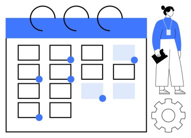 İşaretli tarihli büyük takvim, elinde pano tutan kadın, vites simgesi. Zaman yönetimi, organizasyon, planlama, planlama, görev takibi, üretkenlik için ideal düz metafor