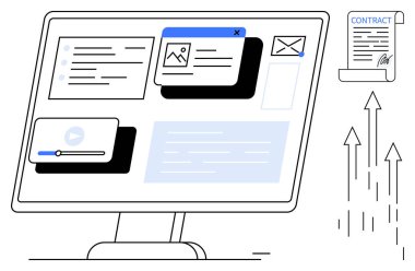 Bilgisayar monitörü, yükselen oklarla imzalanmış bir sözleşmenin yanında medya dosyaları, e-posta ve metin kutularını da gösteriyor. Takım çalışması, proje yönetimi, çevrimiçi iş, organizasyon, dijital araçlar için ideal