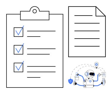 Kontrol işaretli pano kontrol listesi, metin belgesi ve çoklu otomatik görevleri yerine getiren yapay zeka robotu. Üretkenlik, görev yönetimi, otomasyon, iş akışı, organizasyon, teknoloji için ideal