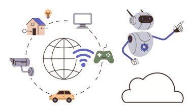 Yapay zekaya sahip robot, bulut platformu, dünya, kablosuz sinyaller, akıllı ev, araba, güvenlik kamerası ve oyun kumandası. IoT AI entegrasyon bulut teknolojisi otomasyon akıllı cihazları dijital ağları için idealdir