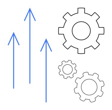 Yukarı doğru mavi oklar ve üç vites büyümeyi, yeniliği ve takım çalışmasını işaret ediyor. Takım çalışması, iş, ilerleme, teknoloji, başarı, basit iniş sayfası işlevi için ideal
