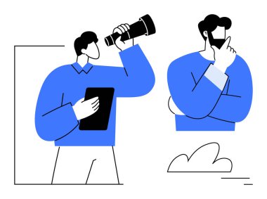 Uzaktan görüş için teleskop kullanan bir kişi ve çene üzerinde el ele düşünmek, planlama, strateji, keşif, takım çalışması, yenilik, keşif, kişisel gelişimi sembolize ediyor. Proje için ideal