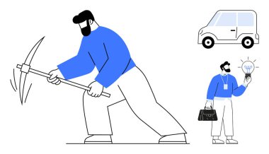 Kazmalı işçi madenciliği, elinde ampul tutan iş adamı ve küçük araba ilerlemeyi vurguluyor. Yenilik, girişimcilik, dönüşüm, büyüme, gelişme, teknoloji yaratıcılığı için ideal