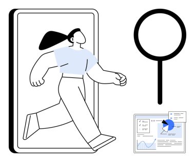 Akıllı telefondan dışarı adım atan kadın figürü, keşif sembolü olan büyüteç ve analitik gösterge paneli. Yenilik, teknoloji, iş büyümesi, araştırma, yaratıcılık, keşif için ideal