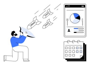 Yaklaşan DDoS etiketli siber saldırıya karşı savunması var. Pasta grafiği, kullanıcı arayüzü ve takvim içerir. Siber güvenlik, ağ savunması, çevrimiçi güvenlik, teknolojik çözümler, risk yönetimi için ideal