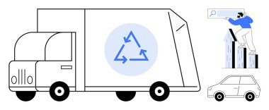 Mavi okları olan geri dönüşüm kamyonu, yakınındaki küçük araba ve veri grafiklerini analiz eden kişi. Sürdürülebilirlik, geri dönüşüm, ulaşım, eko-farkındalık, atık yönetimi, veri analizi için ideal