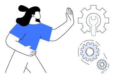 Kadın, vites ve anahtar elementlerinin yanında elini kaldırıyor. Takım çalışması, problem çözme, bakım, karar verme, sorun çözme, iş akışı optimizasyonu, basit düz metafor