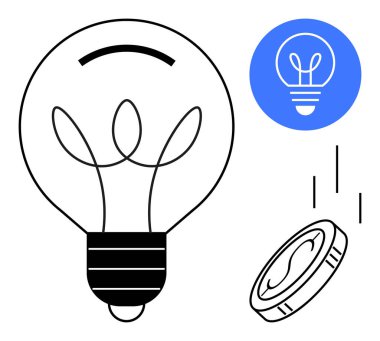 Filament dizaynlı ampul, madeni para simgesi ve minimalist elementler. Yaratıcılık, yenilik, finans, girişimler, problem çözme ilhamı ve enerji projeleri için idealdir. Basit biri için mükemmel.