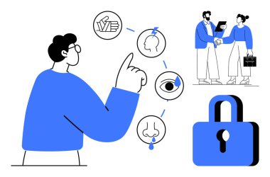 Karar verme mekanizmasına bağlı duyusal öğeleri analiz eden kişi, takım üyeleri el sıkışma ile işbirliği yapıyor, güvenlik için kilit sembolü. Takım çalışması, yenilik, yaratıcılık ve güvenlik için ideal