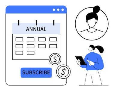 Yıllık seçenek, dolar simgeleri ve tablet kullanan kadın karakter ile takvim aboneliği arayüzü. Üyelik hizmeti, dijital pazarlama, finans, teknoloji ve eğitim için ideal