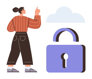 Aşağıda büyük bir kilitle bulutu işaret eden kadın veri güvenliğini ve bulut deposunu simgeliyor. Teknoloji, gizlilik, güvenlik, bulut hesaplama, veri koruması, siber güvenlik, basit iniş için ideal