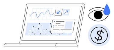 Dosyaları, grafikleri ve finansal detayları gösteren dizüstü bilgisayar. Görüş, veri takibi ve finans için en yakın simgeler. Analiz, iş stratejisi, teknoloji izleme, finans veri yönetimi için ideal