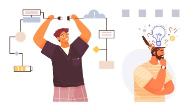 İki adam, enerji akışı, ampul ve diyagramların soyut görüntüleriyle problemleri çözüp fikirler üretmekle meşgul. Yenilik için ideal, takım çalışması, beyin fırtınası, yaratıcılık, üretkenlik