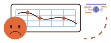 Üzgün yüz simgesiyle aşağı doğru eğilim çizelgesi, atomik fikir sembolü gösteren kart ve kesik dairesel ok. Ticari zorluklar, veri eğilimleri, başarısızlık, analiz, eğitim, yaratıcılık için ideal