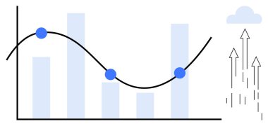Çizgi grafiği analitik performansı, altı çizili üç veri noktası, buluta doğru yükselen oklar gösteriyor. Veri analizi, istatistik, iş büyümesi, tahmin, eğilimler için ideal