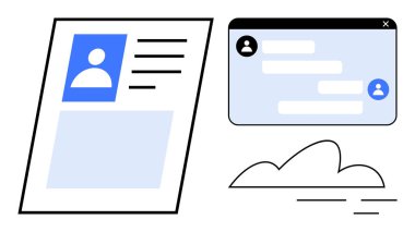 Sohbet penceresinin yanında ileti baloncukları ve ağ bağlantısını temsil eden bir bulut elemanı olan kullanıcı profili kartı. İdeal mesajlaşma, dijital kimlik, iletişim, teknoloji, takım çalışması, veri paylaşımı
