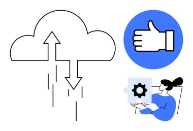 Veri akışı için okları olan bulut, onay veren başparmak ve sistem donanımı tutan kadın. Teknoloji, bulut hesaplama, takım çalışması, onay süreçleri, bilişim işlemleri, yazılım ayarları için ideal