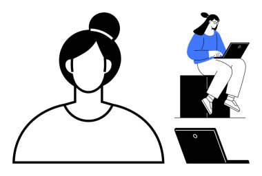 Bun saç stili ve dizüstü bilgisayarı olan bir kadının profil portresi. Yaratıcı iş, uzaktan çalışma, profil, tasarım, profesyonellik, işbirliği, basit düz metafor için ideal
