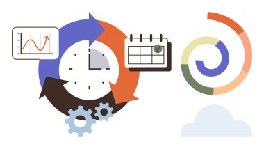 Saat, oklar, takvim, çizgi grafiği, dişliler ve spiral zaman yönetimi, iş akışı, verimlilik analitiği planlamasını temsil ediyor. Analiz verimliliği proje planlaması için ideal