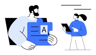 İki birey işbirliği yapıyor, biri bulmaca parçası tutuyor, diğeri de tablet kullanıyor. Takım çalışması, eğitim, sorun çözme, üretkenlik, dijital araçlar, iletişim ve basit bir iniş için ideal