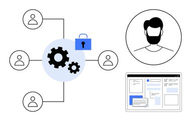Ağ hatları, güvenli kilit simgesi, kullanıcı profili, kullanıcı arayüzü üzerinden kullanıcı simgelerine bağlı dişli sistemi. Üretkenlik, takım çalışması, veri koruması, teknoloji, kullanıcı deneyimi erişimi denetimi için ideal