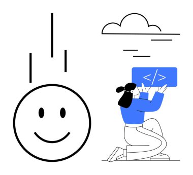 Kadın kodlama işareti tutarken diz çöküyor, önplanda gülümseyen ikon, yukarıda minimalist bulut. Yaratıcılık, geliştirme, tasarım, kodlama, mutluluk, takım çalışması için ideal basit iniş sayfası