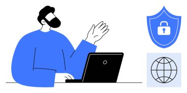 Adam dizüstü bilgisayarı yükseltilmiş, kalkanı kilitli ve küresel olarak kullanıyor. Teknoloji için ideal, siber güvenlik, gizlilik, veri koruması, küresel bağlantı internet güvenliği güvenli iletişim. Basit.